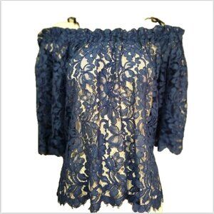 PRINCESS GOES HOLLYWOOD Blue lace off The Shoulder Blouse Top Sz S NEW